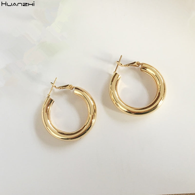 HUANZHI 2019 New Minimalist Gold Metal Large Circle Geometric Round Big Hoop Earrings for Women Girl Wedding Party Jewelry