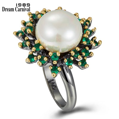 Dreamcarnival1989 Blossoming Flower Rings for Women Promise Wedding Ring Unique Green Zircon White Pearl Different Look WA11719