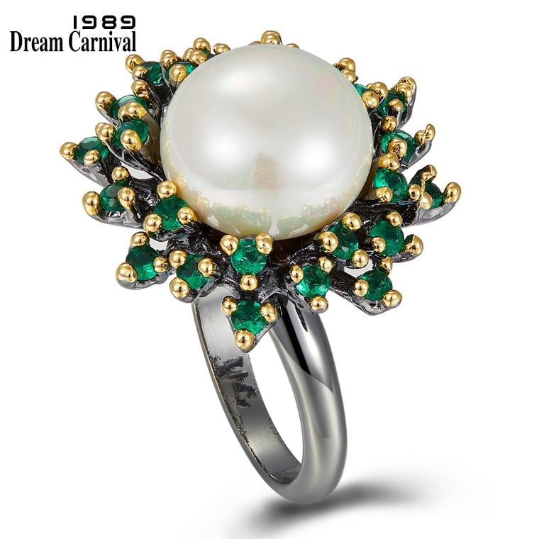 Dreamcarnival1989 Blossoming Flower Rings for Women Promise Wedding Ring Unique Green Zircon White Pearl Different Look WA11719
