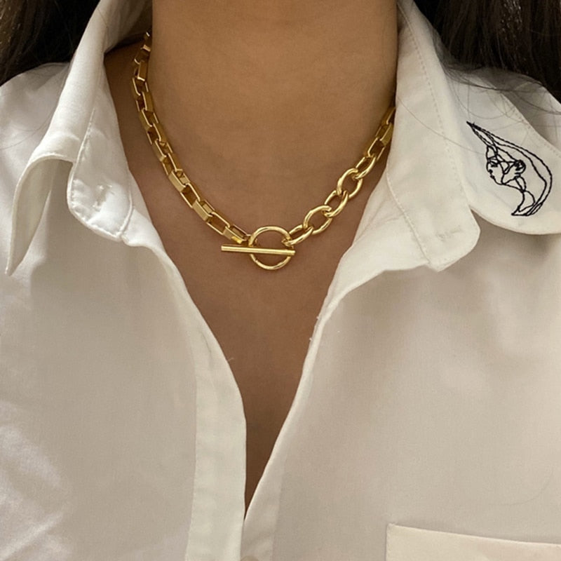 Peri'sBox Box Chain Toggle Clasp Gold Necklaces Mixed Linked Circle Necklaces for Women Minimalist Choker Necklace Hot Jewelry