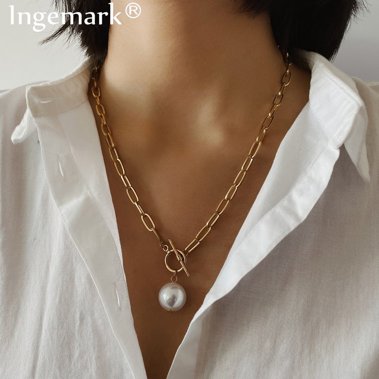Gothic Baroque Pearl Pendant Choker Necklace for Women Wedding Punk Big Bead Lariat Gold Color Long Chain Necklace Jewelry