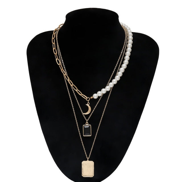IngeSight.Z Punk Multi Layered Pearl Choker Necklace Collar Statement Virgin Mary Coin Crystal Pendant Necklace Women Jewelry