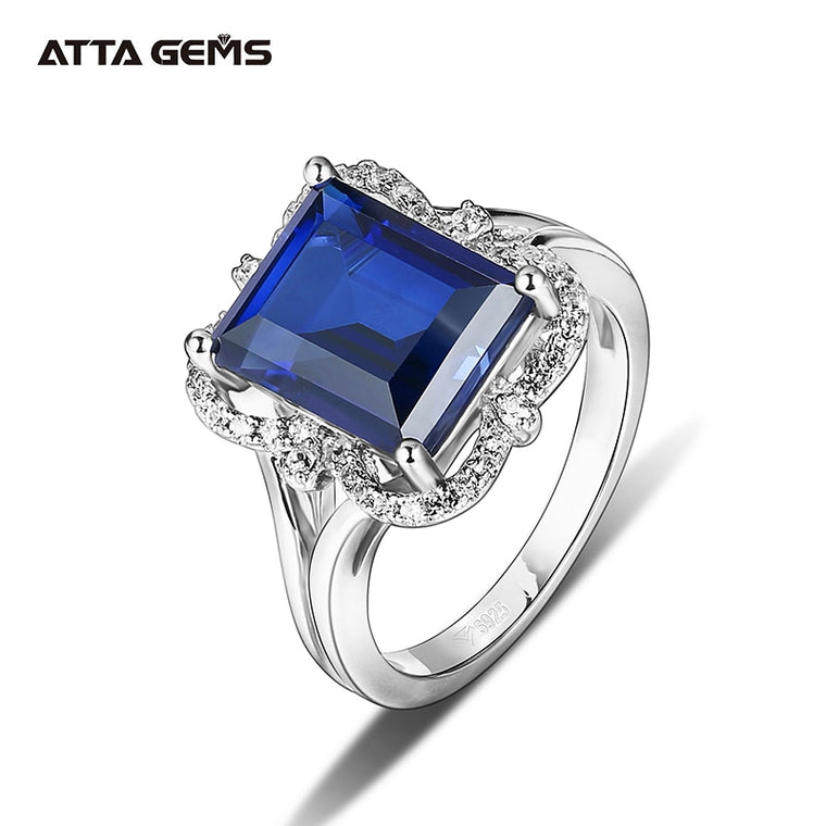 Blue Sapphire Sterling Silver Rings Classic Design 3.2 Carats Created Sapphire Baguette Cut Women