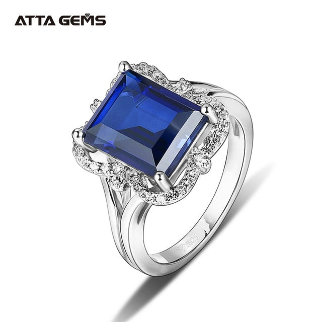 Blue Sapphire Sterling Silver Rings Classic Design 3.2 Carats Created Sapphire Baguette Cut Women