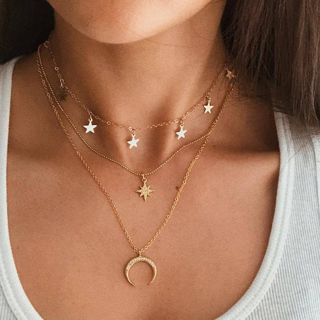 Bohemian Multi Layered Necklace for Women Vintage Portrait Coin Star Moon Pendant Necklace Geometric Collier Collares