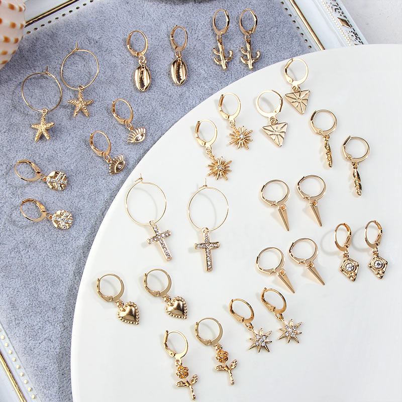 JUST FEEL New Tiny Hoop Earrings For Women Girl Gold Cartilage Hoop Earrings Jewelry Heart Cross Star Triangle Charm Earrings