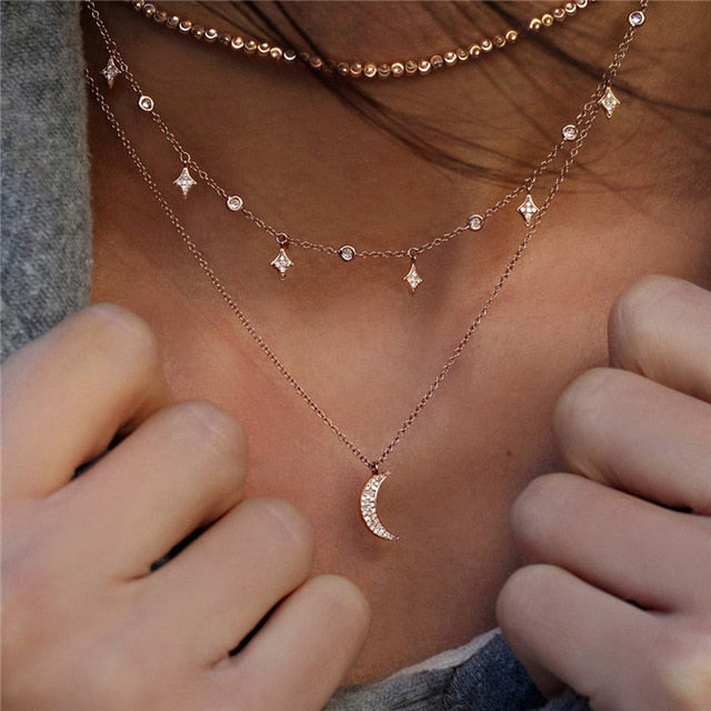Boho Multi-element Crystal Necklaces For Women Fashion Gold Necklace Vintage Multiple Layers Pendant Necklace Jewelry Gift