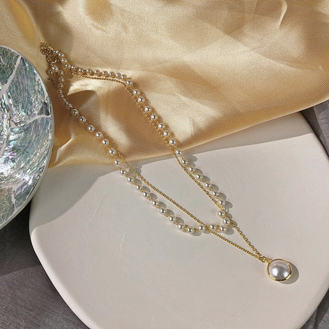 Kpop Fashion Pearl Choker Necklace Women Cute Girl Gold color Double Layer Chain Pearl Pendant Korean Jewelry Woman 2020 Collar