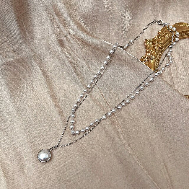 Kpop Fashion Pearl Choker Necklace Women Cute Girl Gold color Double Layer Chain Pearl Pendant Korean Jewelry Woman 2020 Collar