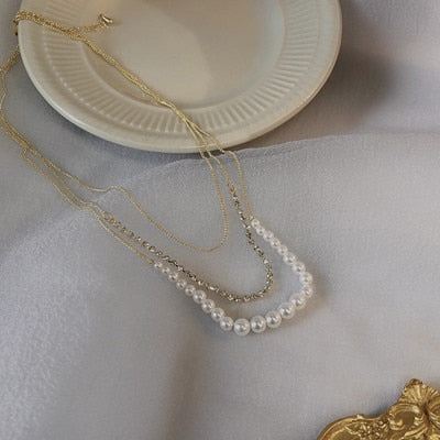 Kpop Fashion Pearl Choker Necklace Women Cute Girl Gold color Double Layer Chain Pearl Pendant Korean Jewelry Woman 2020 Collar