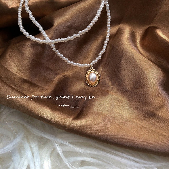 Kpop Fashion Pearl Choker Necklace Women Cute Girl Gold color Double Layer Chain Pearl Pendant Korean Jewelry Woman 2020 Collar