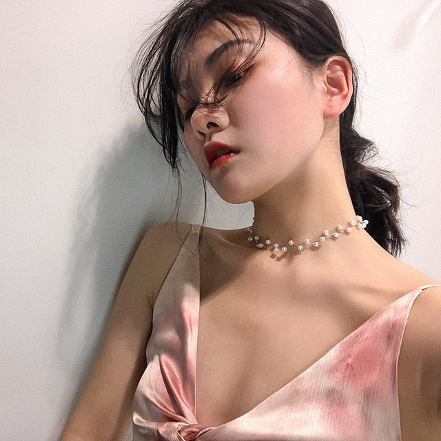 Kpop Fashion Pearl Choker Necklace Women Cute Girl Gold color Double Layer Chain Pearl Pendant Korean Jewelry Woman 2020 Collar