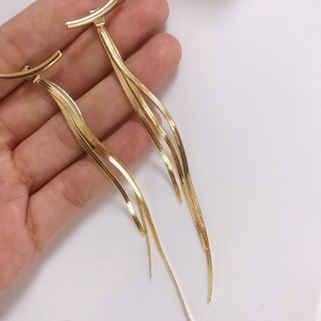 Vintage Gold Color Bar Long Thread Tassel Drop Earrings for Women Glossy Arc Geometric Korean Earring Fashion Jewelry 2020 Gifts