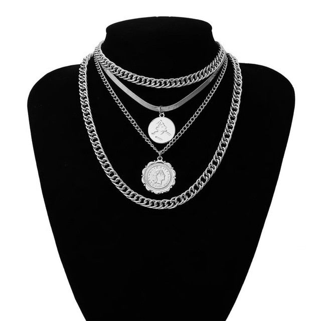 IngeSight.Z Punk Multi Layer Curb Cuban Chunky Thick Portrait Choker Necklace Women Vintage Carved Coin Pendant Necklace Jewelry