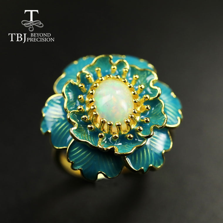 Natural Ethiopia Opal Ring oval 6*8mm Big flower black opal  Ring 925 sterling silver yellow gold  gemstone Ring for women