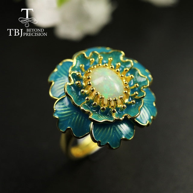 Natural Ethiopia Opal Ring oval 6*8mm Big flower black opal  Ring 925 sterling silver yellow gold  gemstone Ring for women