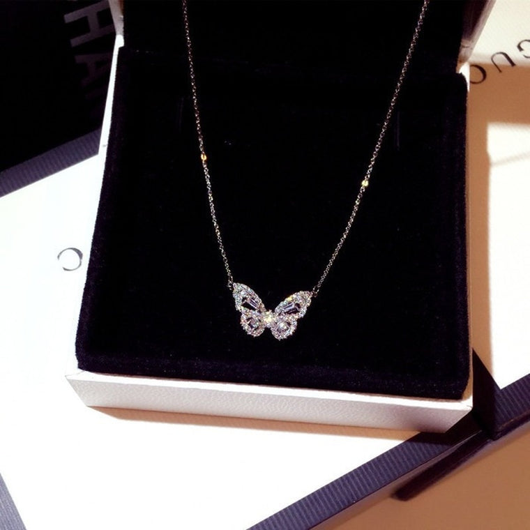 fashion rose gold butterfly female pendant necklace shiny crystal wedding ball valentine gift