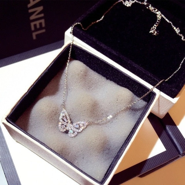 fashion rose gold butterfly female pendant necklace shiny crystal wedding ball valentine gift