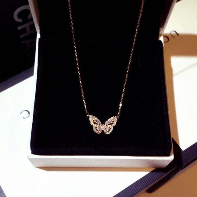 fashion rose gold butterfly female pendant necklace shiny crystal wedding ball valentine gift