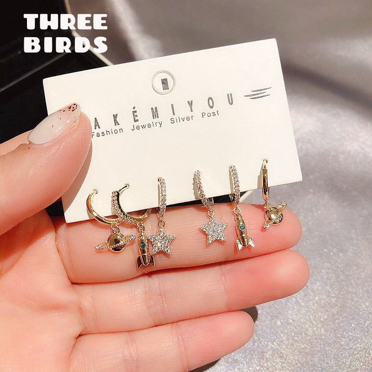 Fashion Cubic Zirocnia Star And Rocket And Planet Set Hoop Earrings Silver Color Micro Zircon Earrings For Women Jewellery 2020