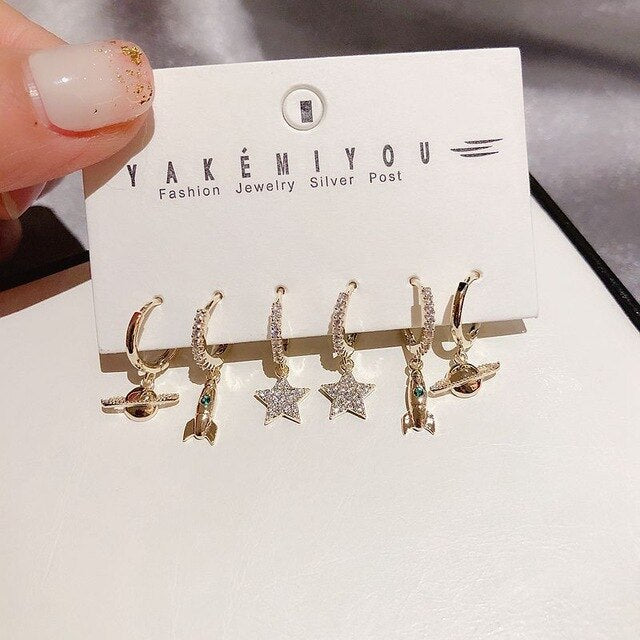 Fashion Cubic Zirocnia Star And Rocket And Planet Set Hoop Earrings Silver Color Micro Zircon Earrings For Women Jewellery 2020