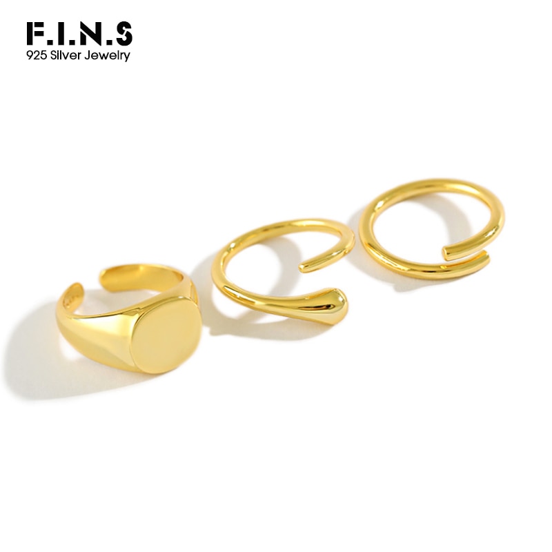 F.I.N.S 925 Sterling Silver Ring Geometric Round Flat Surface Water Drop Minimalist Stackable Opening Adjustable Silver 925 Ring