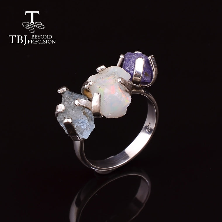 2020 handmade 5.3ct  gemstone Rough  Ring  3 stone natural opal brazil aquamarine natural tanzanite jewelry 925 sterling silver