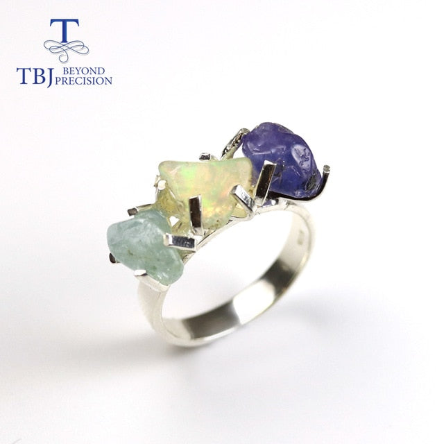 2020 handmade 5.3ct  gemstone Rough  Ring  3 stone natural opal brazil aquamarine natural tanzanite jewelry 925 sterling silver