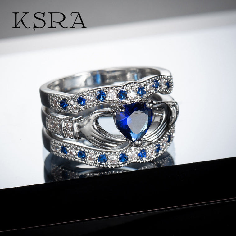 KSRA 3pcs Elegant Heart Blue CZ Rings Set For Women Trendy Arrow Holding Love Cubic Zirconia Ring Female Jewelry Lovers Gift