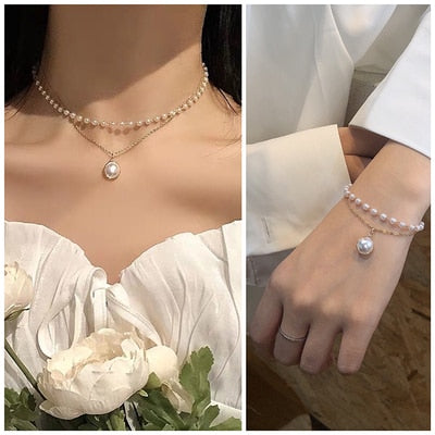 Kpop Fashion Pearl Choker Necklace Women Cute Girl Gold color Double Layer Chain Pearl Pendant Korean Jewelry Woman 2020 Collar