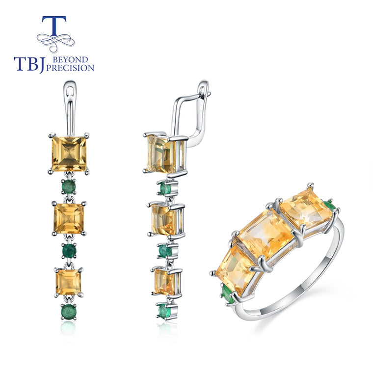 2020 New luxury Jewelry set natural Brazil Citrine with nautral emerald earring  ring 925 sterling silver fine jewelry for lady
