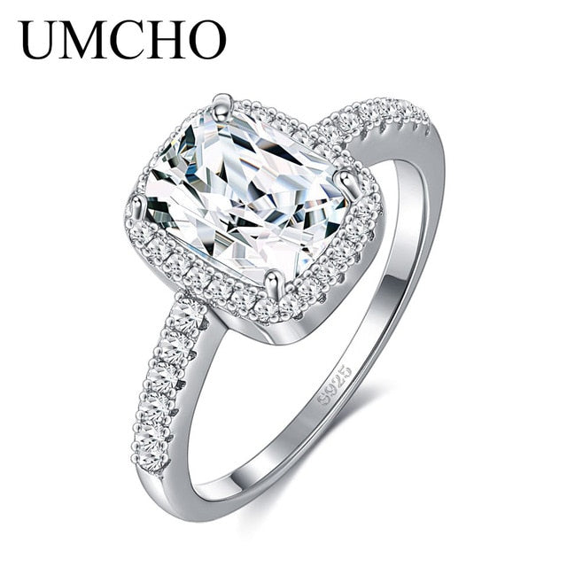 UMCHO Elegant Rectangle Real 925 Sterling Silver CZ Rings For Women Wife Anniversary Gift Wedding Fine Jewelry Customizable