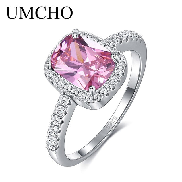 UMCHO Elegant Rectangle Real 925 Sterling Silver CZ Rings For Women Wife Anniversary Gift Wedding Fine Jewelry Customizable